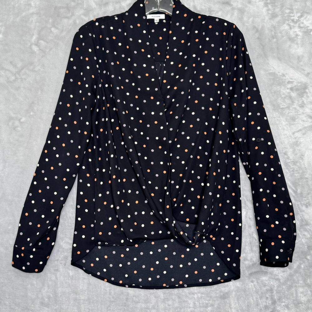 Pleione Top Womens XS Black Faux Wrap Gray Cream Peach Polka Dot Career Capsule